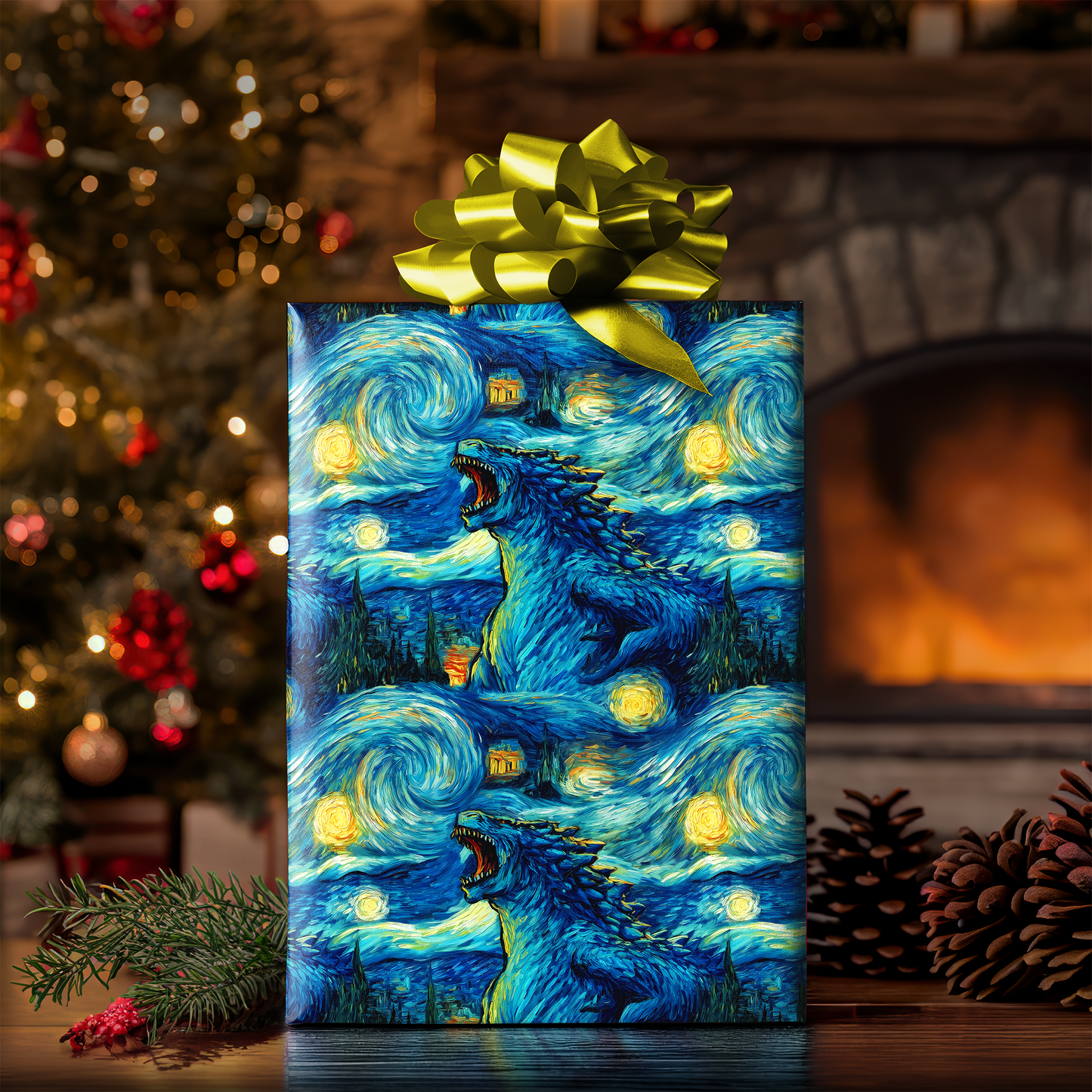 Starry Godzilla Christmas Wrapping Paper